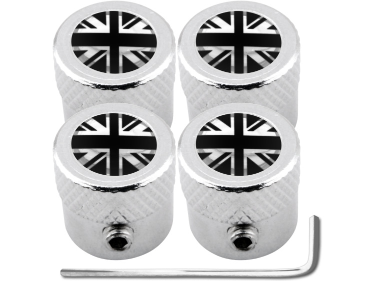 4 English UK England British Union Jack black & chrome "striated" antitheft valve caps